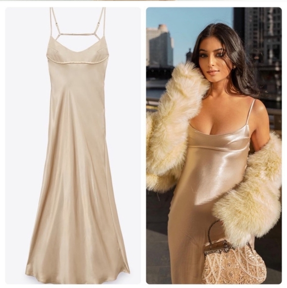 Zara Satin Effect  Slip Dress Beige Cream - Picture 2 of 12